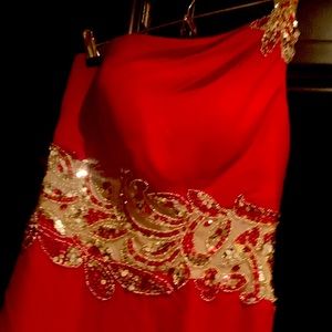 Beautiful Brand new custom made long dress. Red/Silver details